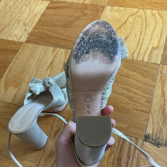 Loeffler Randall gold/beige Natalia 115MM Pleated Bow Platform Sandals. - Picture 7 of 8